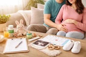 un couple dont la femme est enceinte avec un échographie devant eux