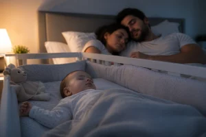 des parents et un bébé en co-dodo